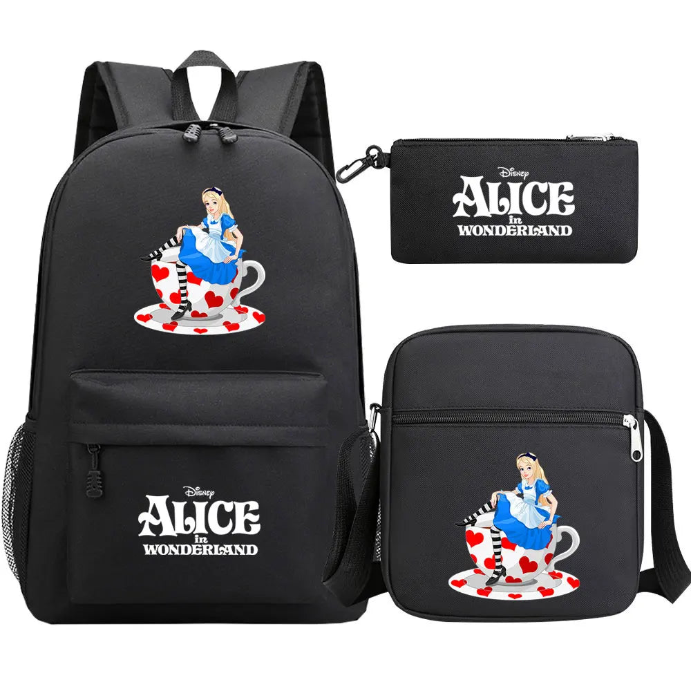 Alice In Wonderland 3Pcs Girl Boy Kids Book Backpack Student School Shoulder Bag Pencil Bag Set Teenager Travel Rucksack