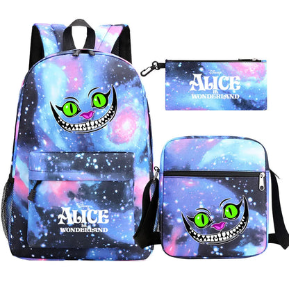 Alice In Wonderland 3Pcs Girl Boy Kids Book Backpack Student School Shoulder Bag Pencil Bag Set Teenager Travel Rucksack