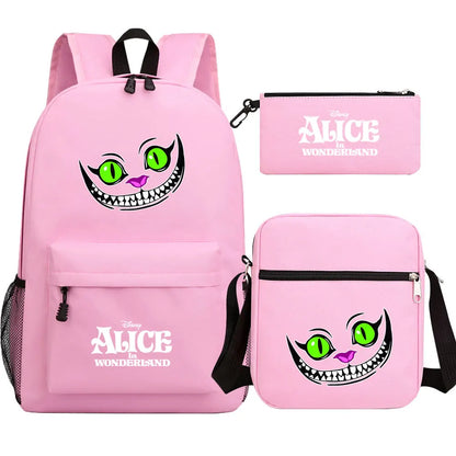 Alice In Wonderland 3Pcs Girl Boy Kids Book Backpack Student School Shoulder Bag Pencil Bag Set Teenager Travel Rucksack