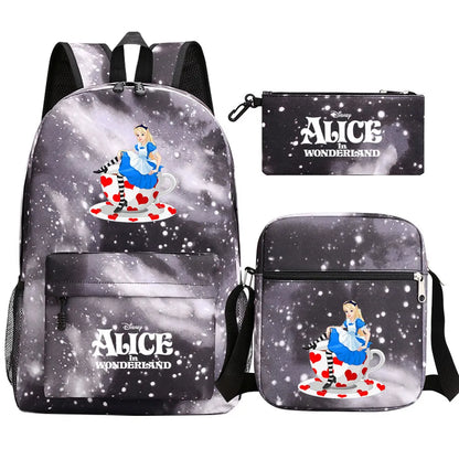 Alice In Wonderland 3Pcs Girl Boy Kids Book Backpack Student School Shoulder Bag Pencil Bag Set Teenager Travel Rucksack