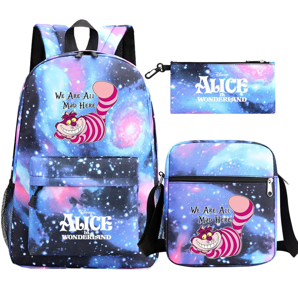 Alice In Wonderland 3Pcs Girl Boy Kids Book Backpack Student School Shoulder Bag Pencil Bag Set Teenager Travel Rucksack