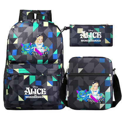 Alice In Wonderland 3Pcs Girl Boy Kids Book Backpack Student School Shoulder Bag Pencil Bag Set Teenager Travel Rucksack