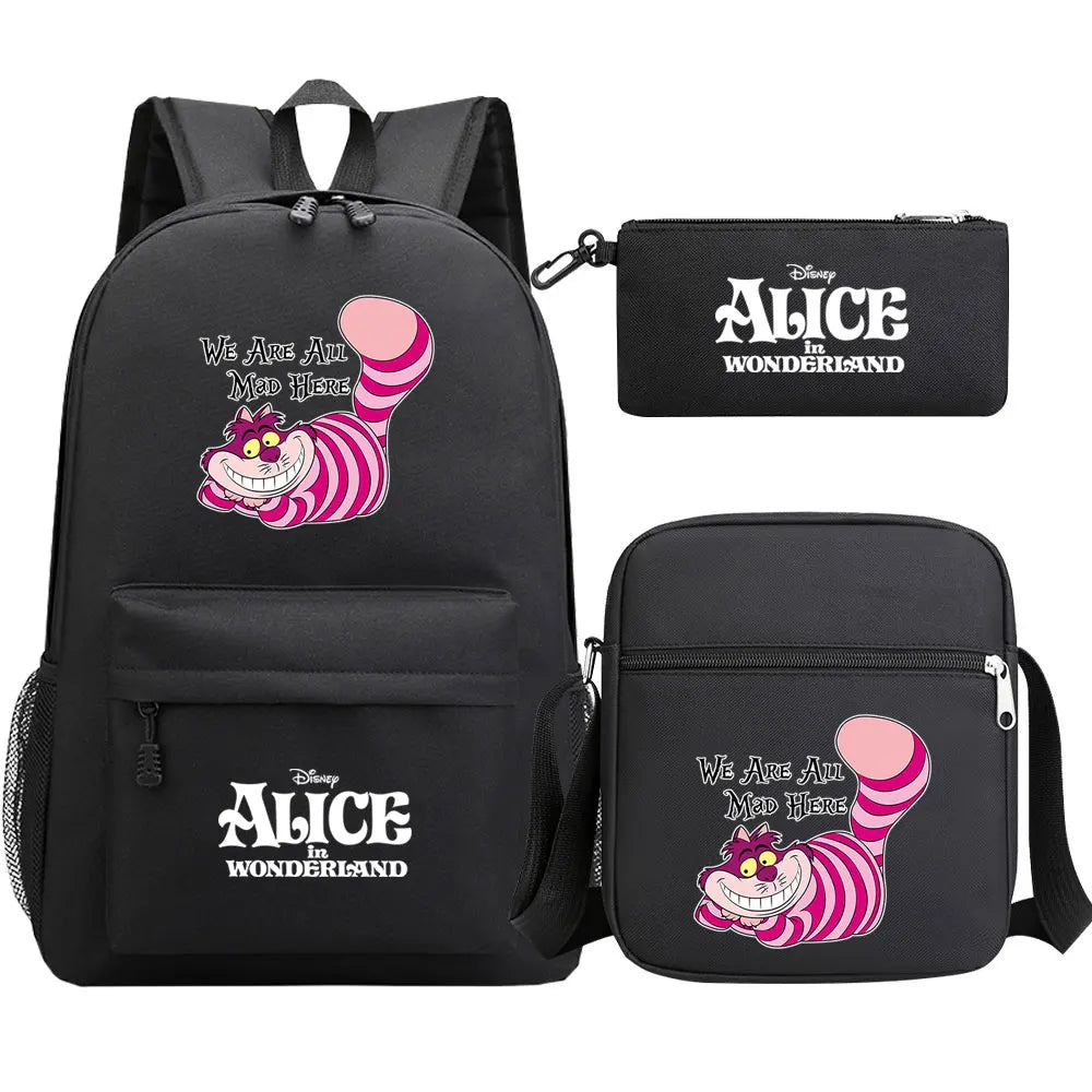 Alice In Wonderland 3Pcs Girl Boy Kids Book Backpack Student School Shoulder Bag Pencil Bag Set Teenager Travel Rucksack