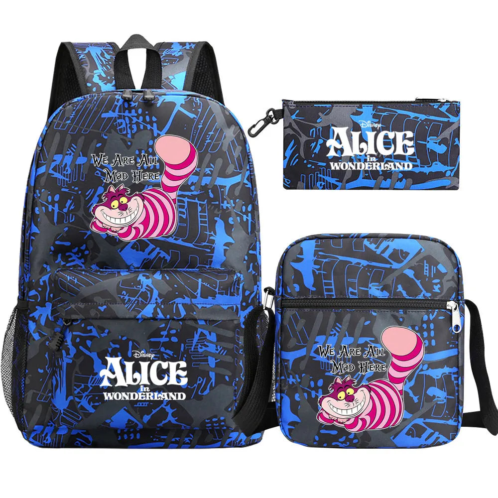 Alice In Wonderland 3Pcs Girl Boy Kids Book Backpack Student School Shoulder Bag Pencil Bag Set Teenager Travel Rucksack