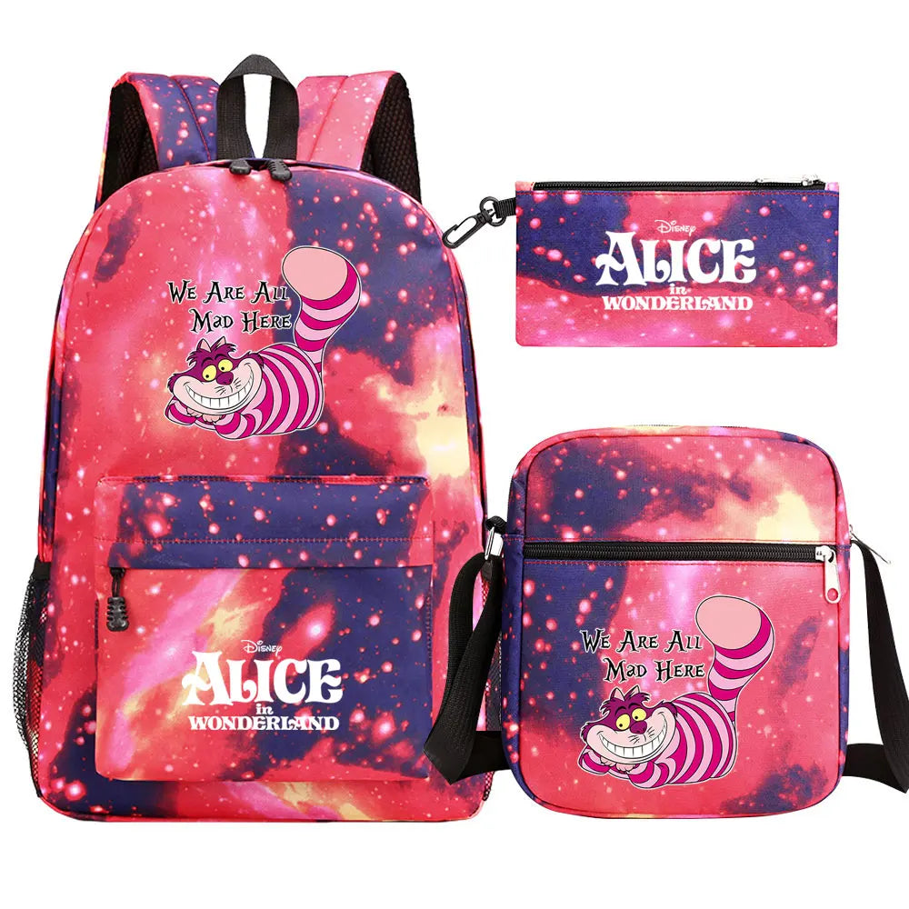Alice In Wonderland 3Pcs Girl Boy Kids Book Backpack Student School Shoulder Bag Pencil Bag Set Teenager Travel Rucksack