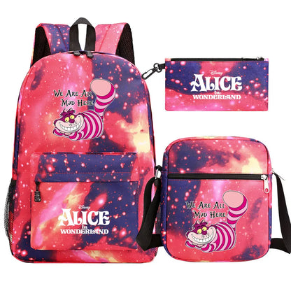 Alice In Wonderland 3Pcs Girl Boy Kids Book Backpack Student School Shoulder Bag Pencil Bag Set Teenager Travel Rucksack