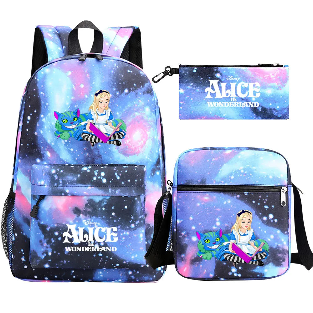 Alice In Wonderland 3Pcs Girl Boy Kids Book Backpack Student School Shoulder Bag Pencil Bag Set Teenager Travel Rucksack