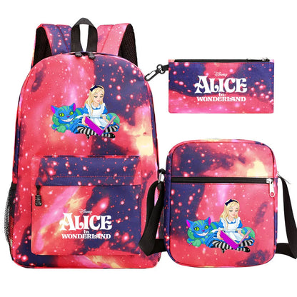 Alice In Wonderland 3Pcs Girl Boy Kids Book Backpack Student School Shoulder Bag Pencil Bag Set Teenager Travel Rucksack