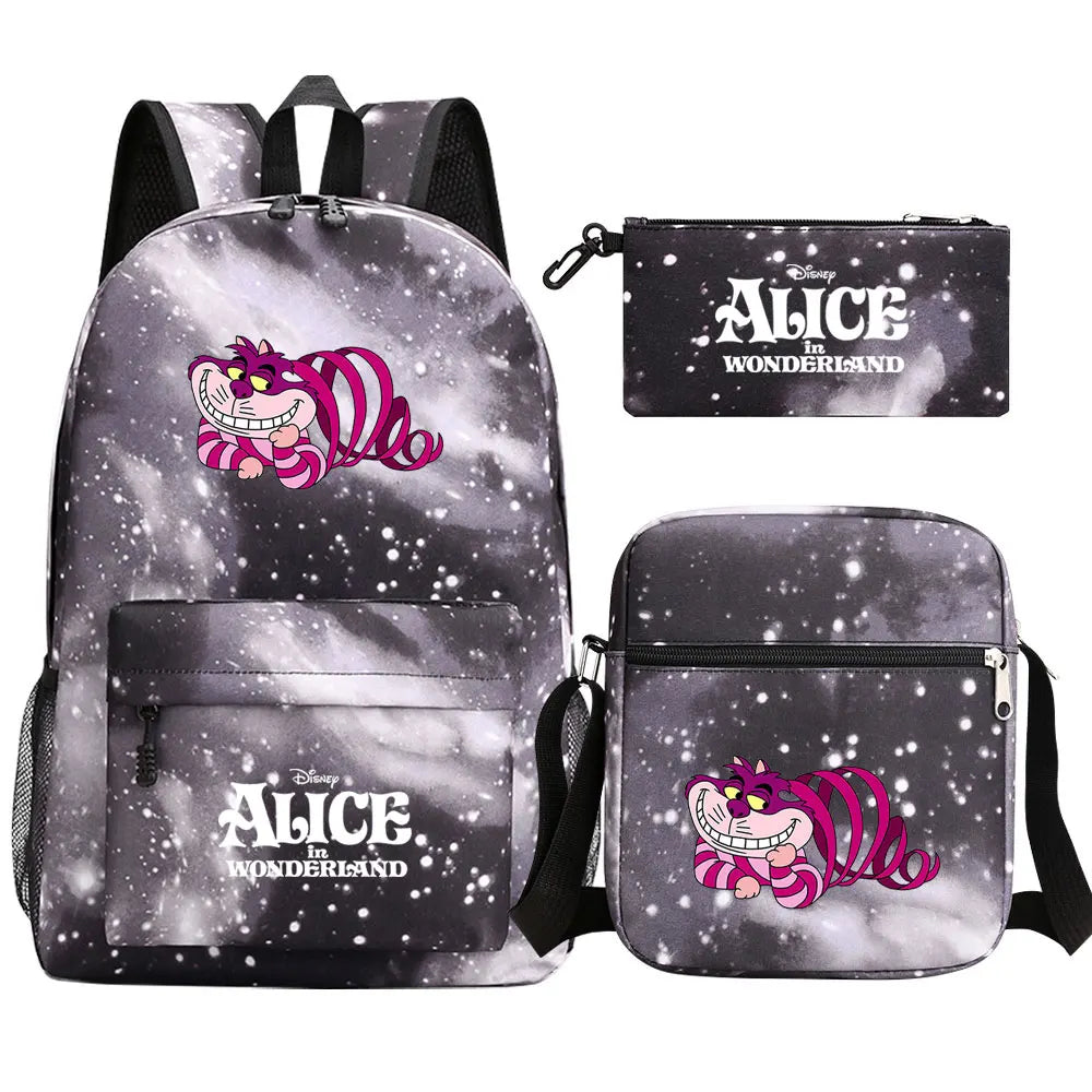 Alice In Wonderland 3Pcs Girl Boy Kids Book Backpack Student School Shoulder Bag Pencil Bag Set Teenager Travel Rucksack
