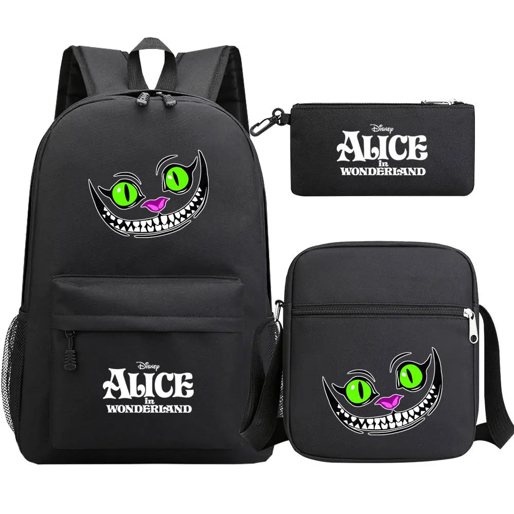 Alice In Wonderland 3Pcs Girl Boy Kids Book Backpack Student School Shoulder Bag Pencil Bag Set Teenager Travel Rucksack