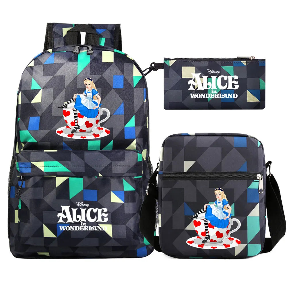 Alice In Wonderland 3Pcs Girl Boy Kids Book Backpack Student School Shoulder Bag Pencil Bag Set Teenager Travel Rucksack
