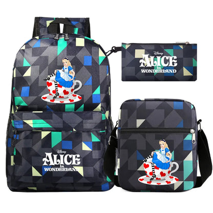 Alice In Wonderland 3Pcs Girl Boy Kids Book Backpack Student School Shoulder Bag Pencil Bag Set Teenager Travel Rucksack