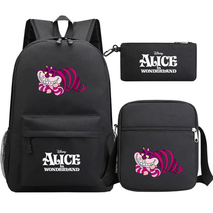 Alice In Wonderland 3Pcs Girl Boy Kids Book Backpack Student School Shoulder Bag Pencil Bag Set Teenager Travel Rucksack