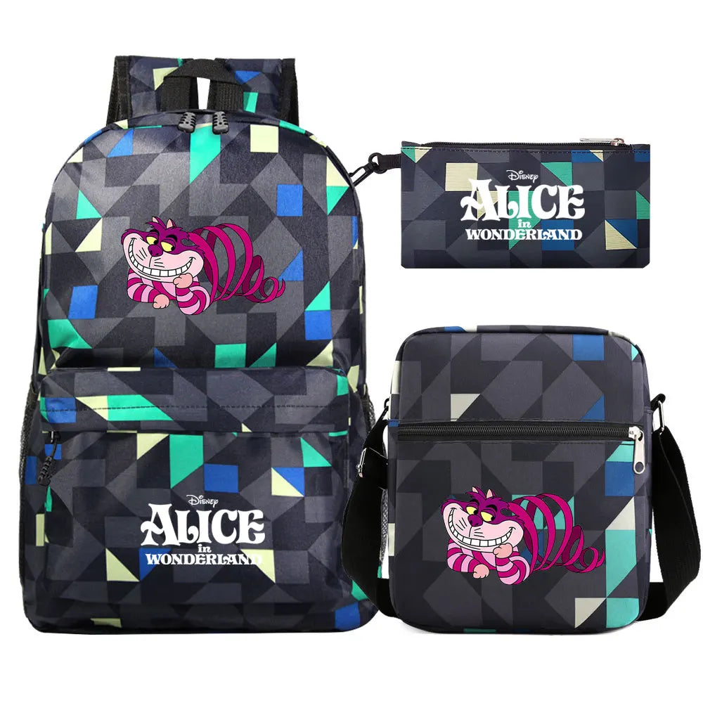 Alice In Wonderland 3Pcs Girl Boy Kids Book Backpack Student School Shoulder Bag Pencil Bag Set Teenager Travel Rucksack