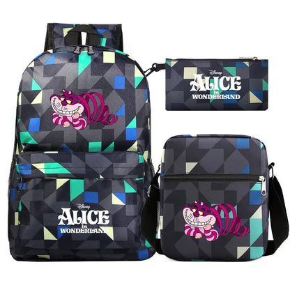 Alice In Wonderland 3Pcs Girl Boy Kids Book Backpack Student School Shoulder Bag Pencil Bag Set Teenager Travel Rucksack