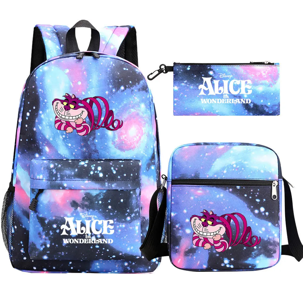 Alice In Wonderland 3Pcs Girl Boy Kids Book Backpack Student School Shoulder Bag Pencil Bag Set Teenager Travel Rucksack
