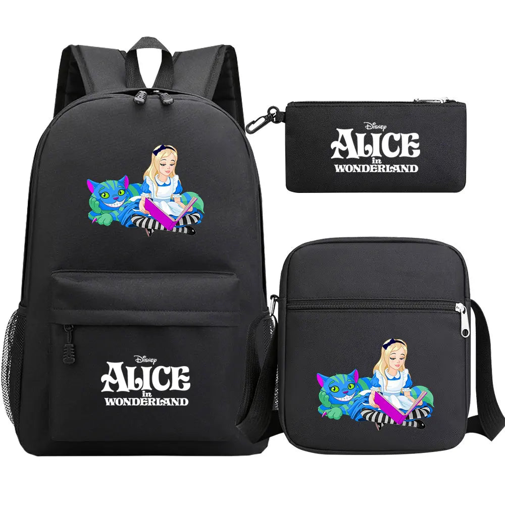 Alice In Wonderland 3Pcs Girl Boy Kids Book Backpack Student School Shoulder Bag Pencil Bag Set Teenager Travel Rucksack