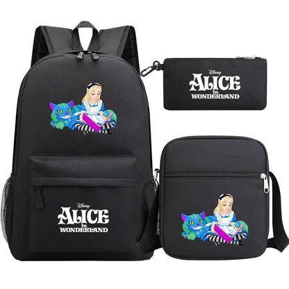Alice In Wonderland 3Pcs Girl Boy Kids Book Backpack Student School Shoulder Bag Pencil Bag Set Teenager Travel Rucksack