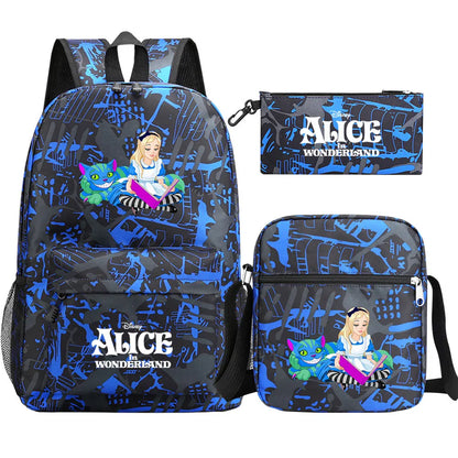 Alice In Wonderland 3Pcs Girl Boy Kids Book Backpack Student School Shoulder Bag Pencil Bag Set Teenager Travel Rucksack