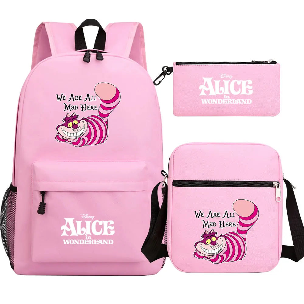Alice In Wonderland 3Pcs Girl Boy Kids Book Backpack Student School Shoulder Bag Pencil Bag Set Teenager Travel Rucksack
