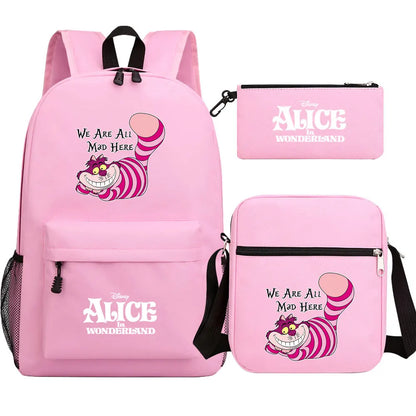 Alice In Wonderland 3Pcs Girl Boy Kids Book Backpack Student School Shoulder Bag Pencil Bag Set Teenager Travel Rucksack