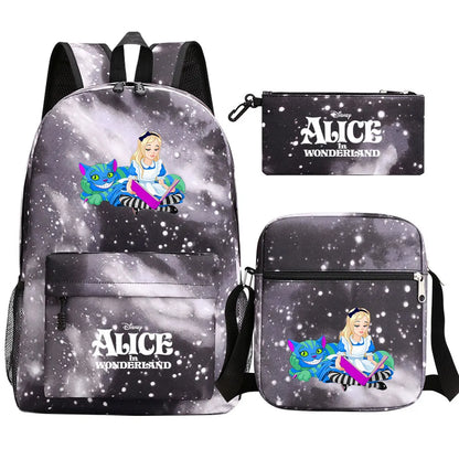 Alice In Wonderland 3Pcs Girl Boy Kids Book Backpack Student School Shoulder Bag Pencil Bag Set Teenager Travel Rucksack