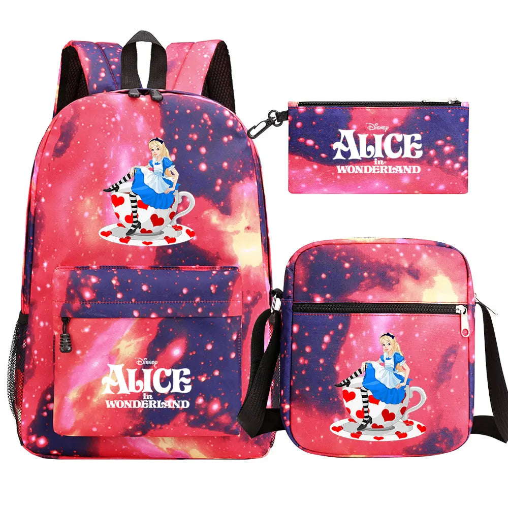 Alice In Wonderland 3Pcs Girl Boy Kids Book Backpack Student School Shoulder Bag Pencil Bag Set Teenager Travel Rucksack
