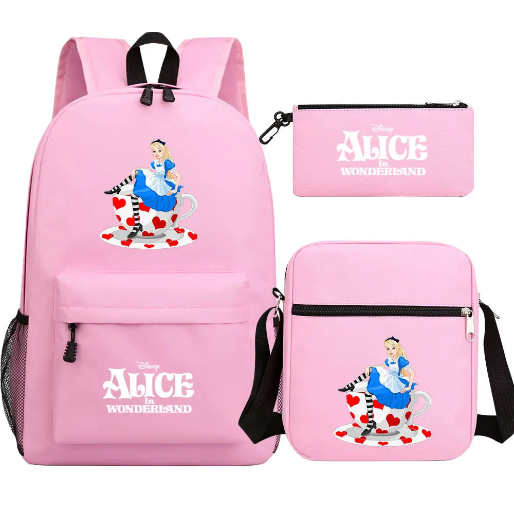 Alice In Wonderland 3Pcs Girl Boy Kids Book Backpack Student School Shoulder Bag Pencil Bag Set Teenager Travel Rucksack