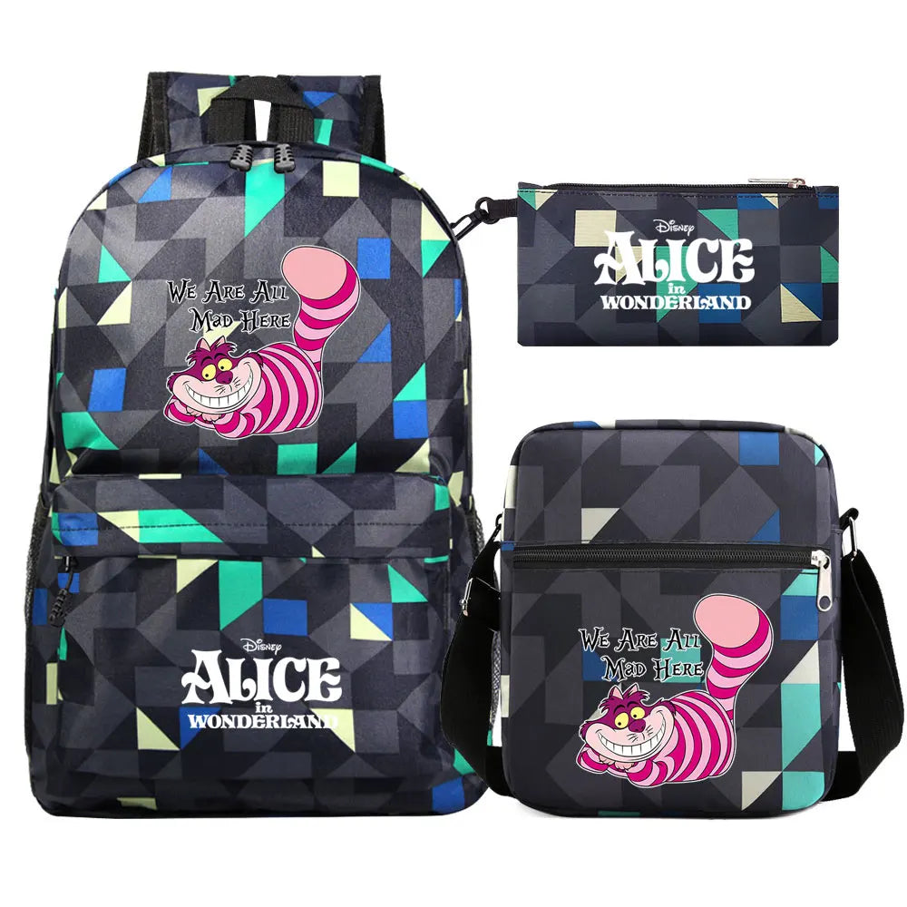 Alice In Wonderland 3Pcs Girl Boy Kids Book Backpack Student School Shoulder Bag Pencil Bag Set Teenager Travel Rucksack