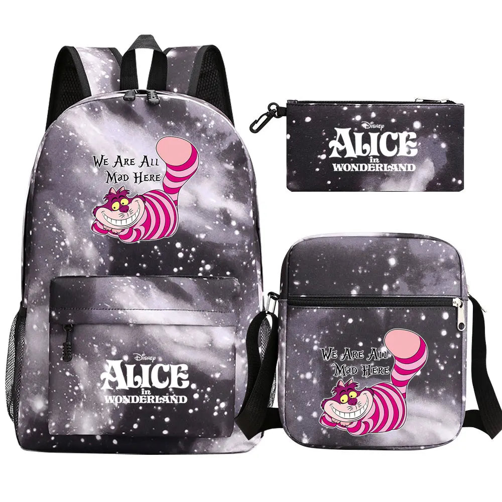 Alice In Wonderland 3Pcs Girl Boy Kids Book Backpack Student School Shoulder Bag Pencil Bag Set Teenager Travel Rucksack