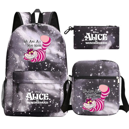 Alice In Wonderland 3Pcs Girl Boy Kids Book Backpack Student School Shoulder Bag Pencil Bag Set Teenager Travel Rucksack