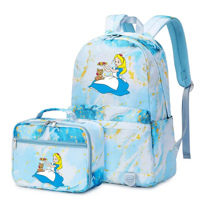 Alice In Wonderland Girls Boys Kids 2 pcs Backpack with Lunch Bag Rucksack Casual School Bags for Student Teenagers Women Sets