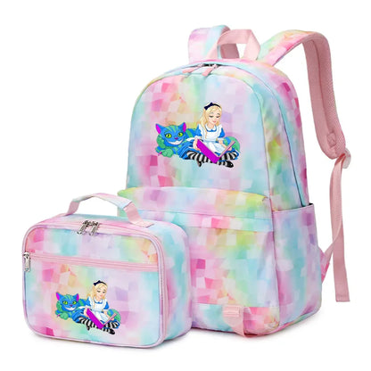Alice In Wonderland Girls Boys Kids 2 pcs Backpack with Lunch Bag Rucksack Casual School Bags for Student Teenagers Women Sets