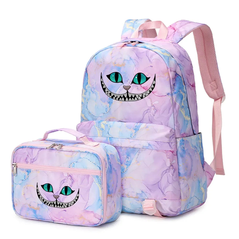 Alice In Wonderland Girls Boys Kids 2 pcs Backpack with Lunch Bag Rucksack Casual School Bags for Student Teenagers Women Sets