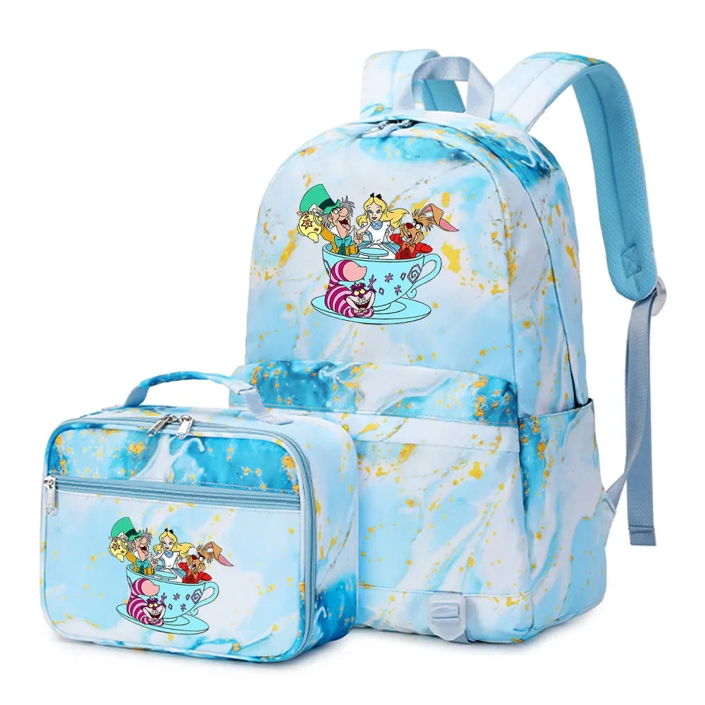 Alice In Wonderland Girls Boys Kids 2 pcs Backpack with Lunch Bag Rucksack Casual School Bags for Student Teenagers Women Sets