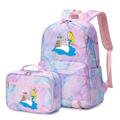 Alice In Wonderland Girls Boys Kids 2 pcs Backpack with Lunch Bag Rucksack Casual School Bags for Student Teenagers Women Sets