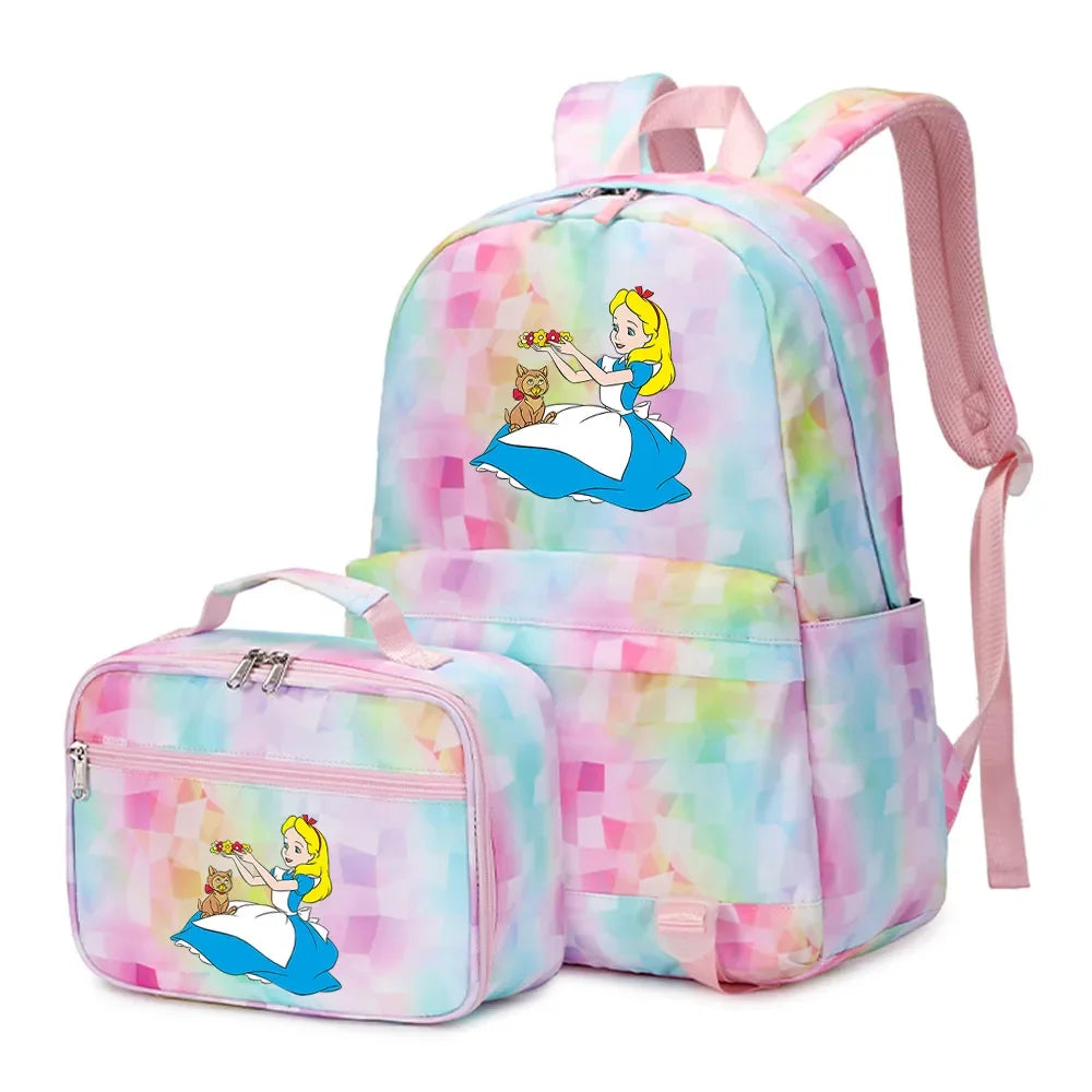 Alice In Wonderland Girls Boys Kids 2 pcs Backpack with Lunch Bag Rucksack Casual School Bags for Student Teenagers Women Sets