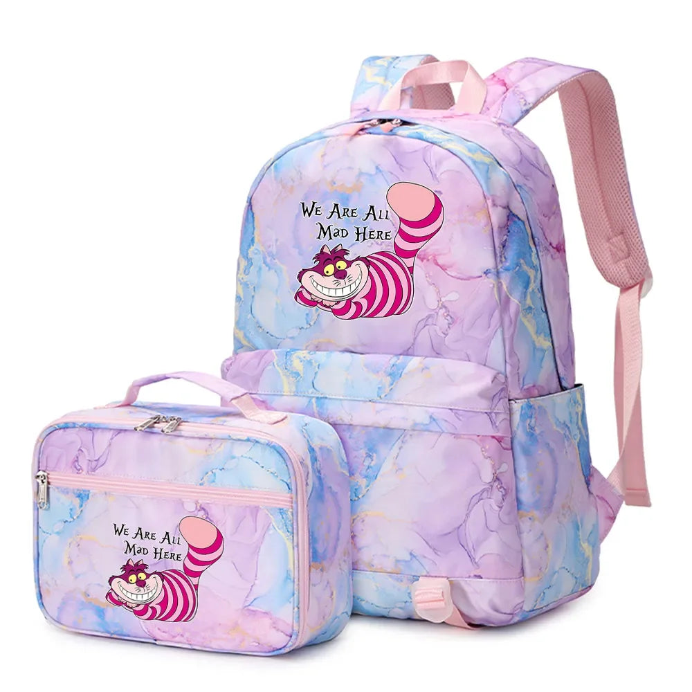 Alice In Wonderland Girls Boys Kids 2 pcs Backpack with Lunch Bag Rucksack Casual School Bags for Student Teenagers Women Sets