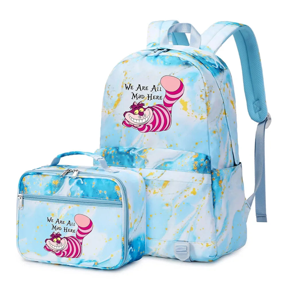 Alice In Wonderland Girls Boys Kids 2 pcs Backpack with Lunch Bag Rucksack Casual School Bags for Student Teenagers Women Sets