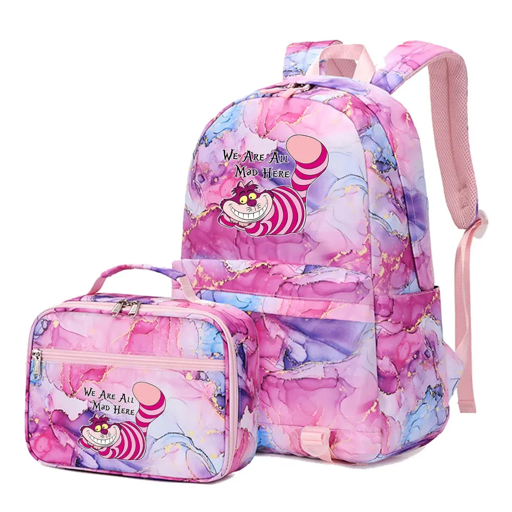 Alice In Wonderland Girls Boys Kids 2 pcs Backpack with Lunch Bag Rucksack Casual School Bags for Student Teenagers Women Sets