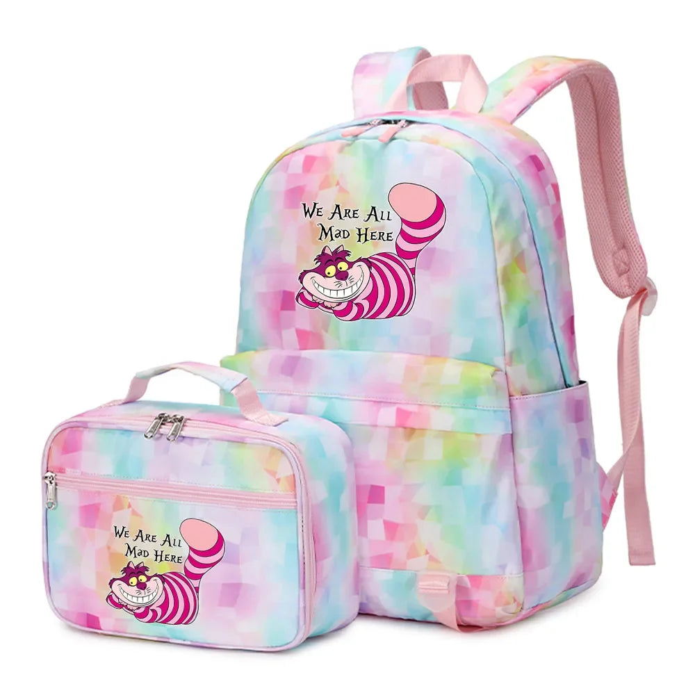 Alice In Wonderland Girls Boys Kids 2 pcs Backpack with Lunch Bag Rucksack Casual School Bags for Student Teenagers Women Sets