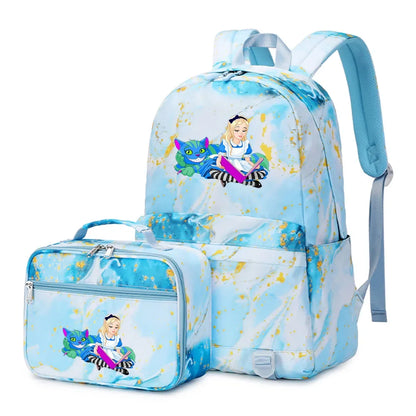 Alice In Wonderland Girls Boys Kids 2 pcs Backpack with Lunch Bag Rucksack Casual School Bags for Student Teenagers Women Sets