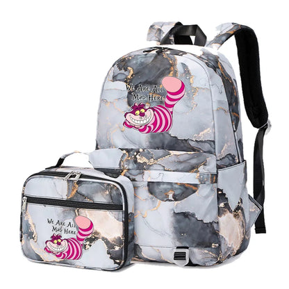 Alice In Wonderland Girls Boys Kids 2 pcs Backpack with Lunch Bag Rucksack Casual School Bags for Student Teenagers Women Sets