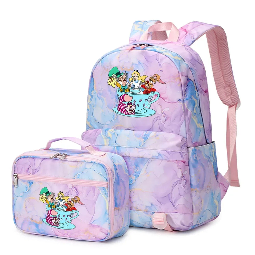 Alice In Wonderland Girls Boys Kids 2 pcs Backpack with Lunch Bag Rucksack Casual School Bags for Student Teenagers Women Sets