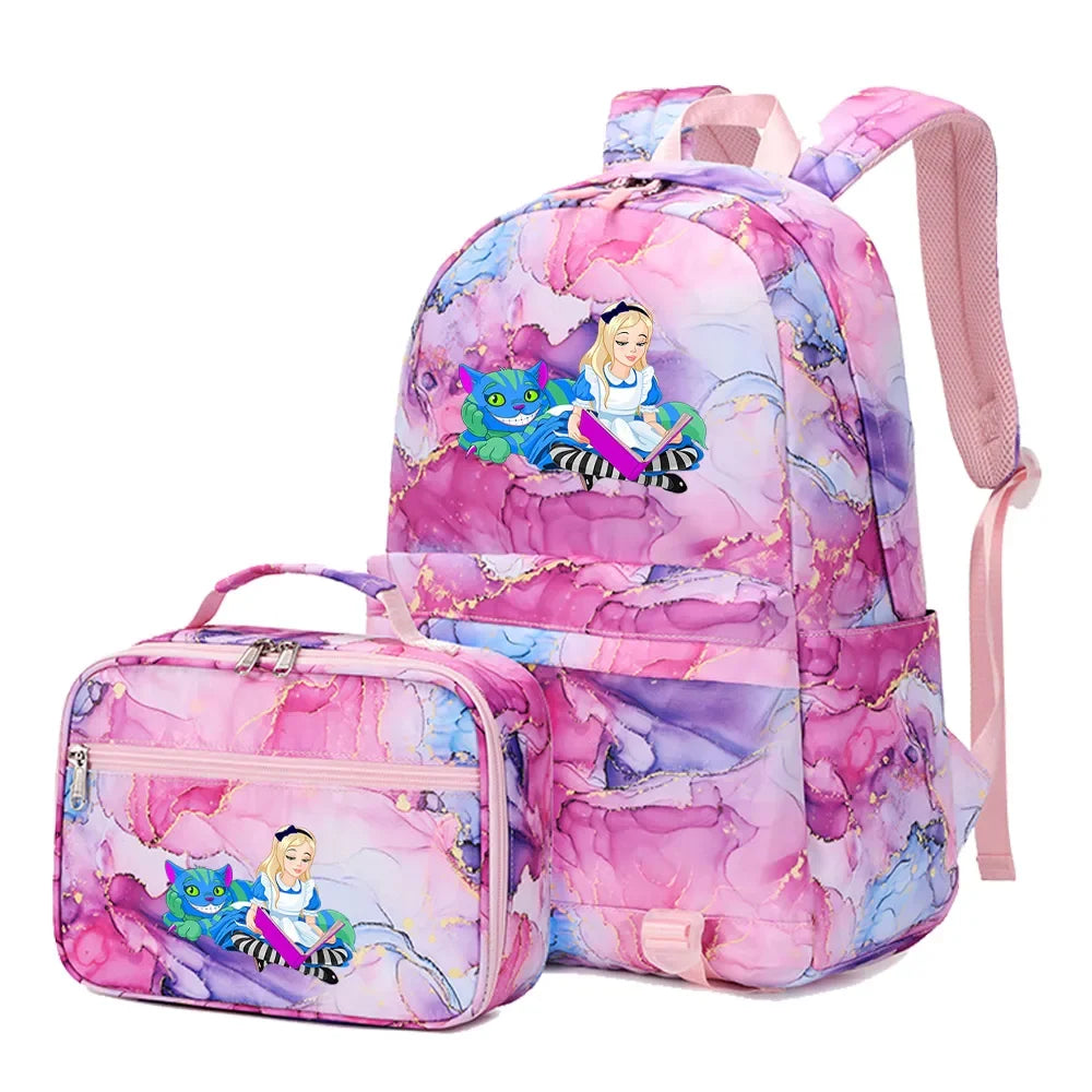 Alice In Wonderland Girls Boys Kids 2 pcs Backpack with Lunch Bag Rucksack Casual School Bags for Student Teenagers Women Sets