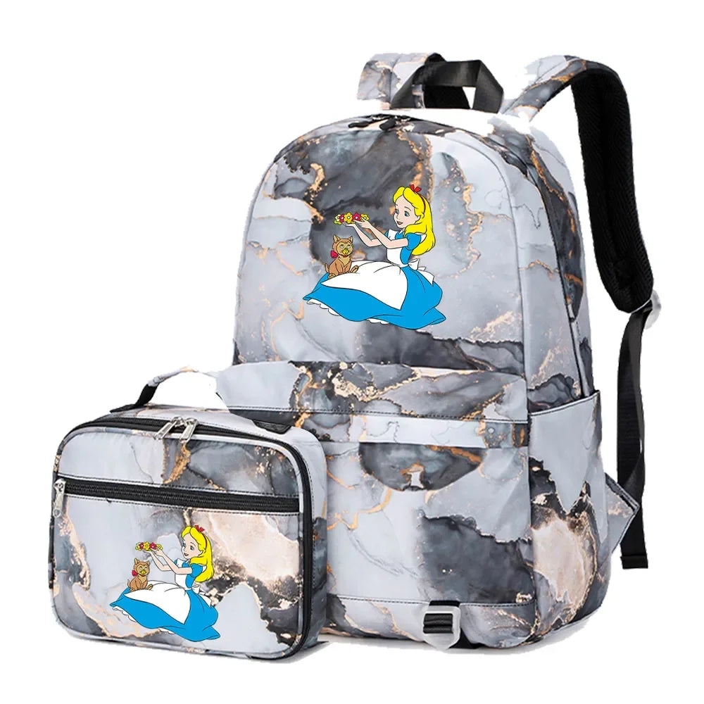 Alice In Wonderland Girls Boys Kids 2 pcs Backpack with Lunch Bag Rucksack Casual School Bags for Student Teenagers Women Sets