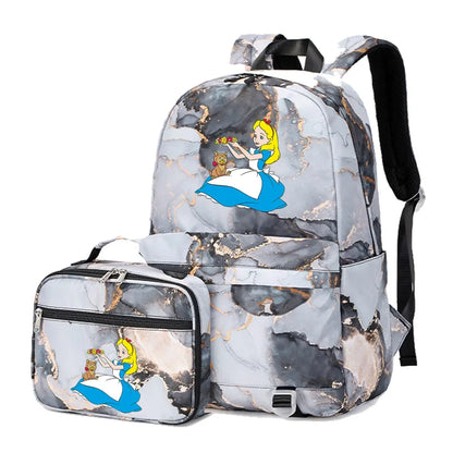 Alice In Wonderland Girls Boys Kids 2 pcs Backpack with Lunch Bag Rucksack Casual School Bags for Student Teenagers Women Sets
