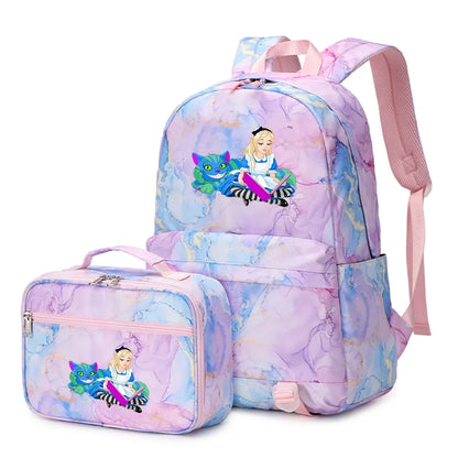 Alice In Wonderland Girls Boys Kids 2 pcs Backpack with Lunch Bag Rucksack Casual School Bags for Student Teenagers Women Sets