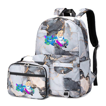 Alice In Wonderland Girls Boys Kids 2 pcs Backpack with Lunch Bag Rucksack Casual School Bags for Student Teenagers Women Sets