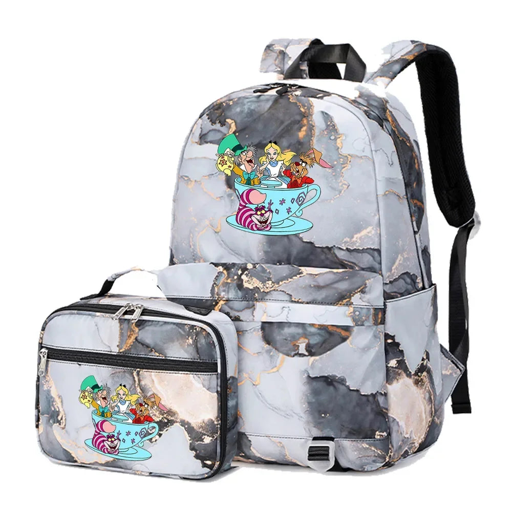 Alice In Wonderland Girls Boys Kids 2 pcs Backpack with Lunch Bag Rucksack Casual School Bags for Student Teenagers Women Sets